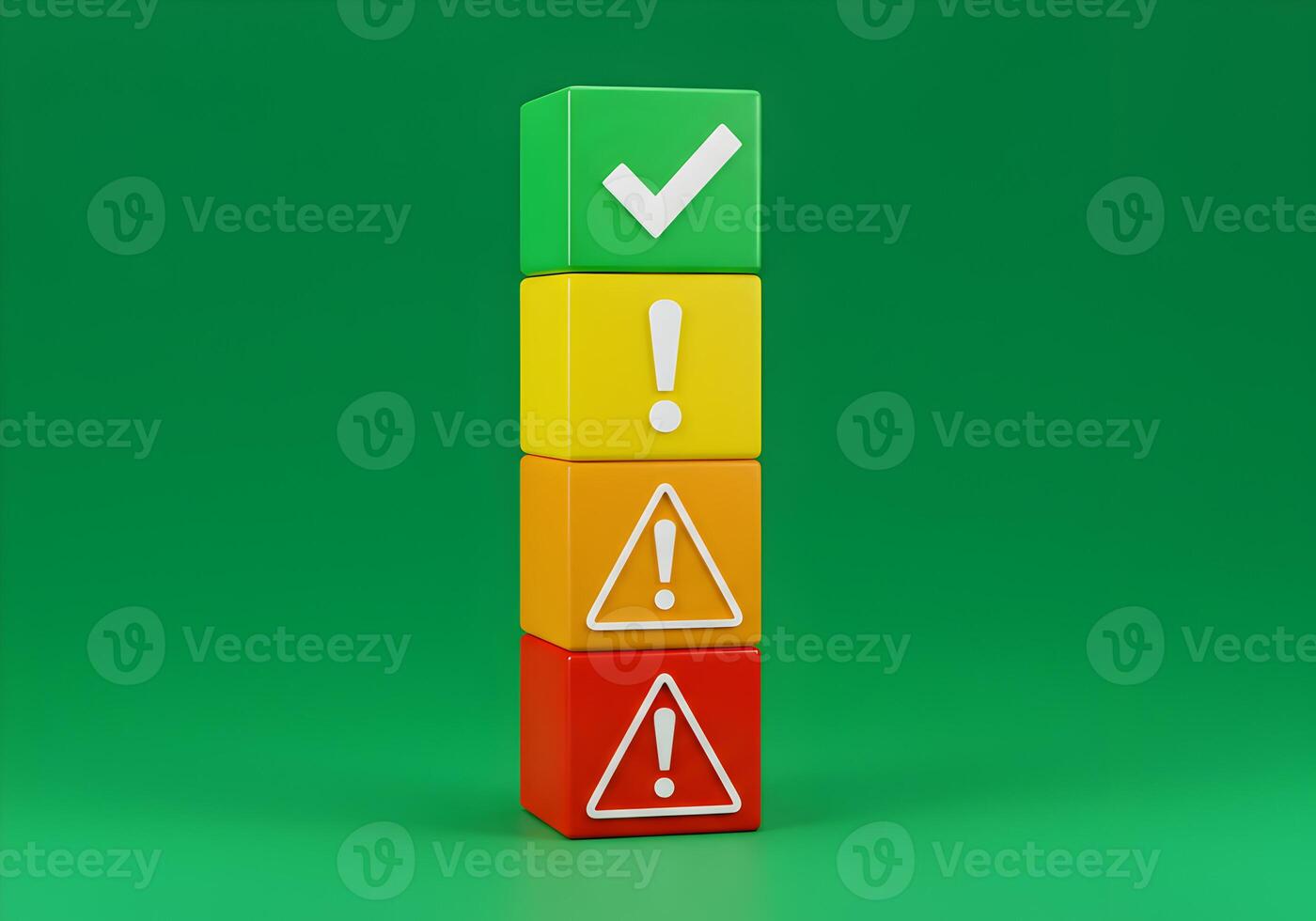 Colorcoded cubes with warning and check marks stacked on green background symbolizing risk assessment and management photo