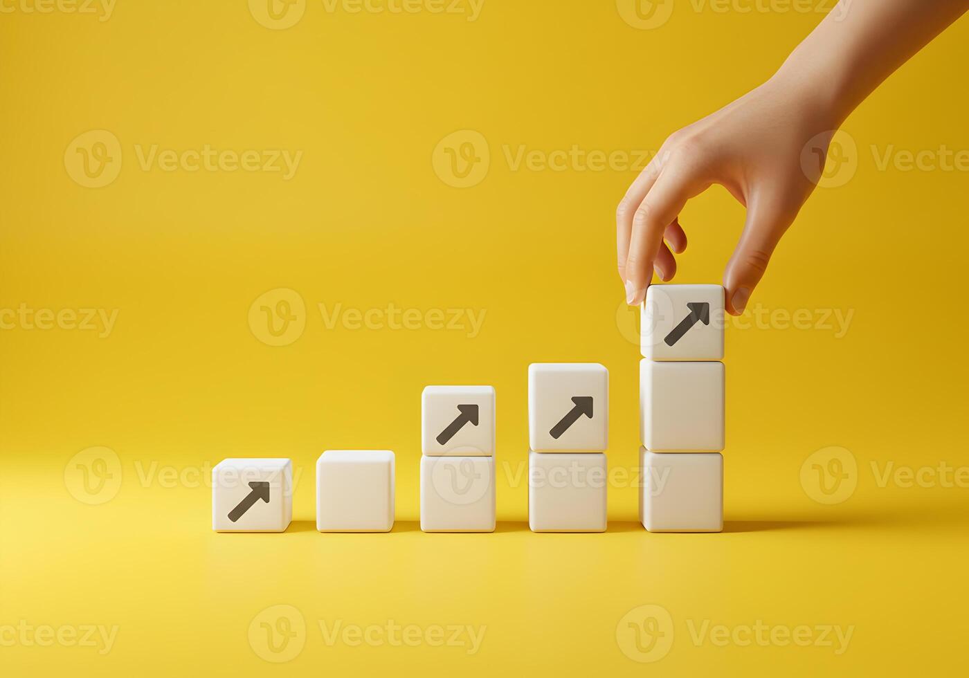 Hand placing white cube with upward arrow on growing stack of similar cubes against yellow background symbolizing growth progress and success photo