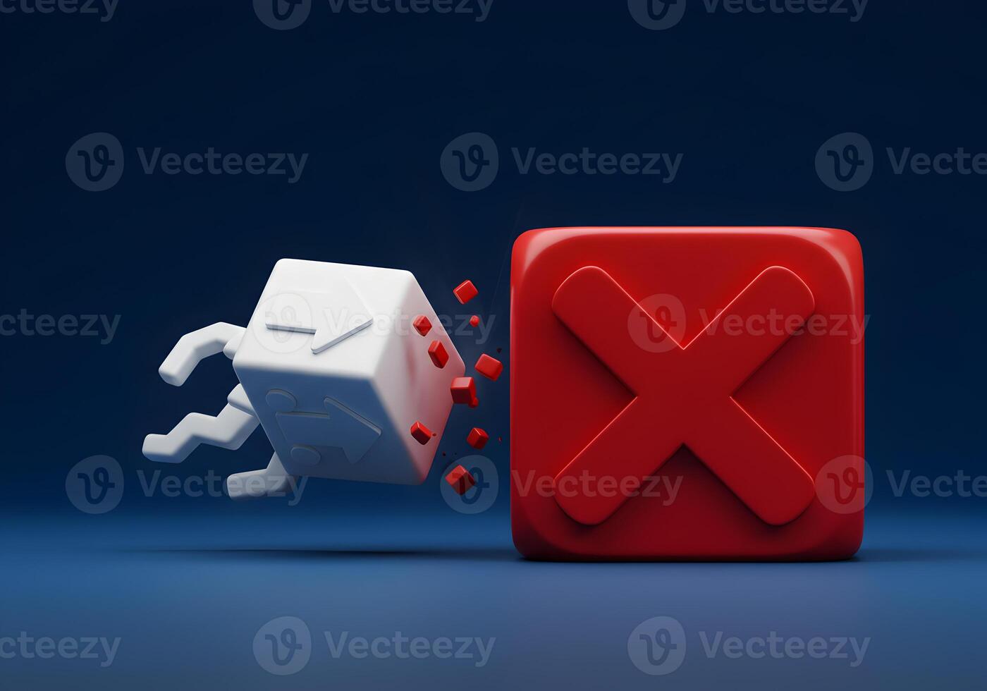 Abstract 3D rendering of a white cube with checkmark icon crumbling and approaching a red cube with a cross sign symbolizing failure or rejection against a deep blue background photo