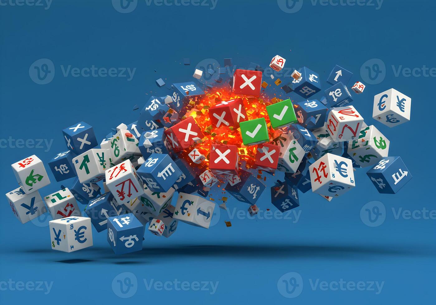 Currency cubes exploding in a chaotic explosion representing global financial volatility and uncertainty The image depicts a dynamic market crash with various currency symbols highlighting risk and in photo