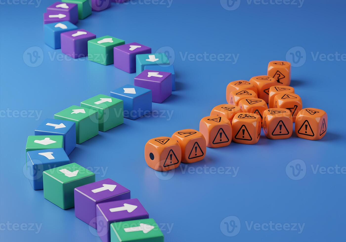 Colorful blocks with arrows forming a path suddenly disrupted by a pile of orange cubes with warning signs symbolizing unexpected challenges and the need for course correction in business or life plan photo