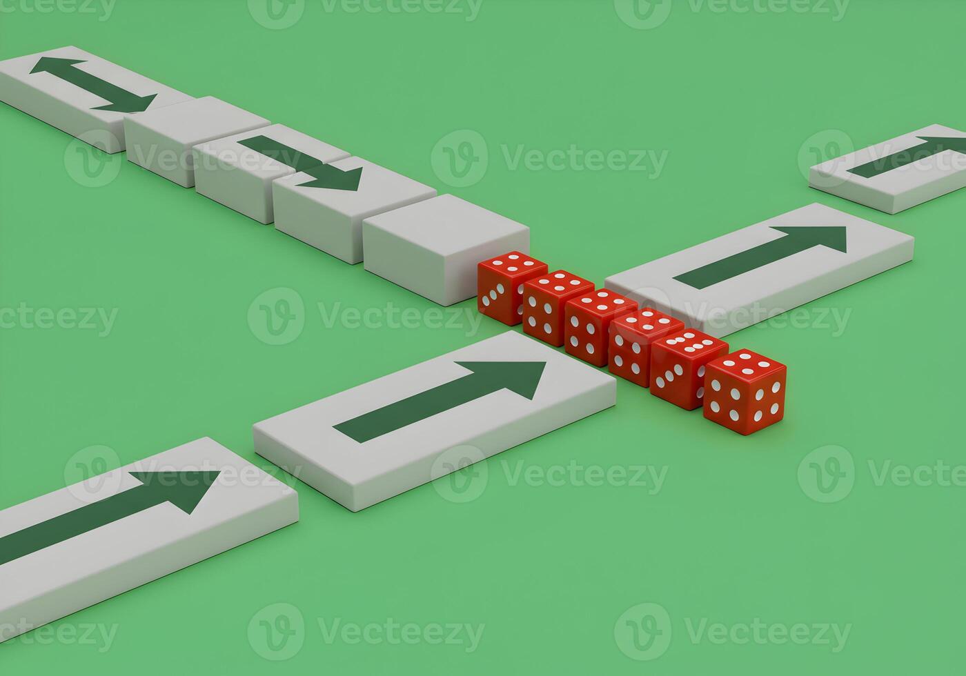 Red dice rolling towards a new direction signifying a change in path or a strategic decision on a green background with arrows indicating different choices representing concepts of chance risk and opp photo