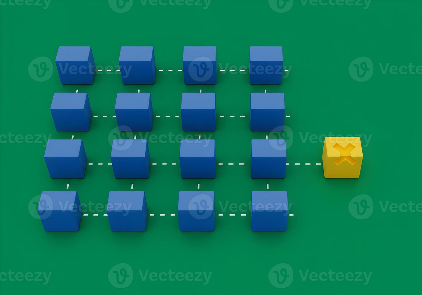resumen 3d representación de un red con un soltero parte aislada cubo simbolizando ruptura innovación o un único solución azul cubitos son conectado mientras un amarillo cubo soportes aparte representando diferencia un foto