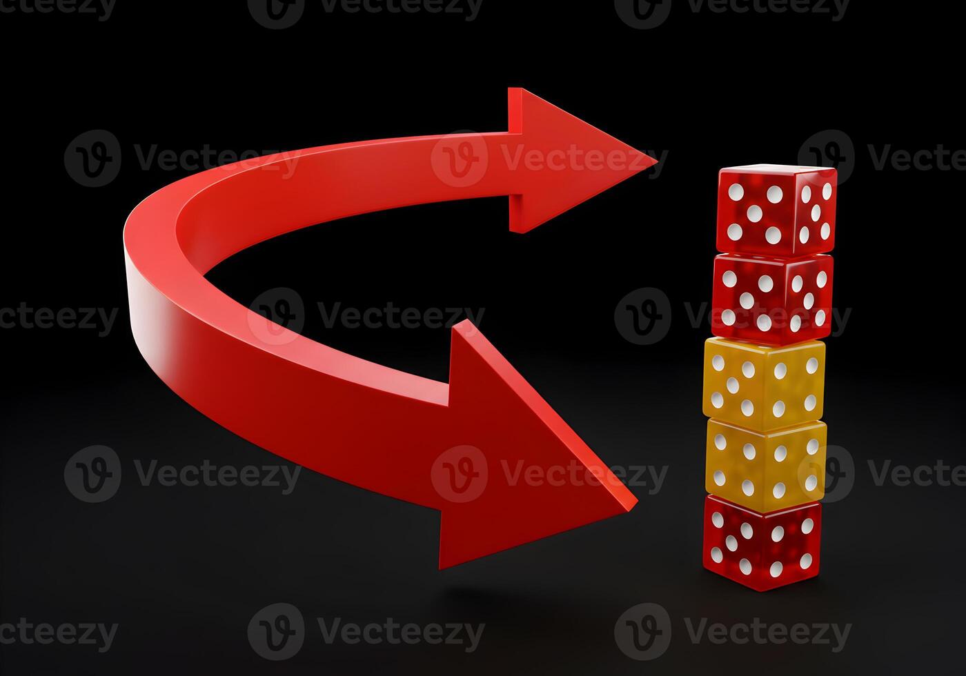 Red arrow looping around a stack of red and gold dice on a black background symbolizing cyclical processes chance and risk in business or gambling photo