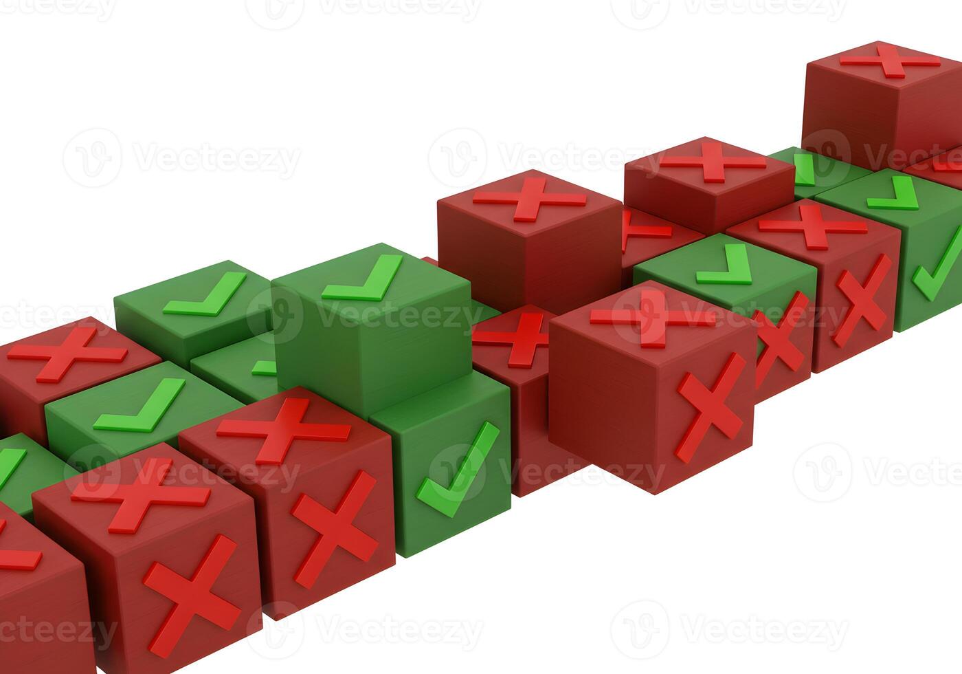 Green and red cubes with checkmarks and crosses signifying decisionmaking process success and failure right and wrong choices arranged in a dynamic composition to represent a complex decisionmaking pr photo