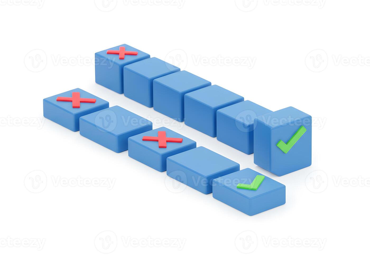 3D rendering of blue cubes with checkmarks and crosses illustrating decisionmaking process and right choice selection showing success and failure visualization perfect for business and project managem photo