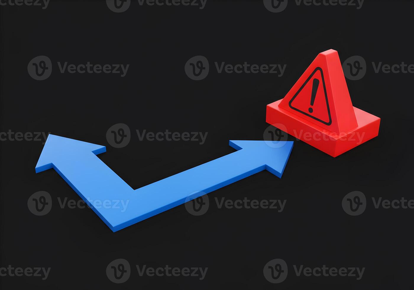 Blue Arrow Changing Direction to Avoid Red Warning Triangle Sign on Black Background Concept of Risk Management DecisionMaking and Problem Solving photo