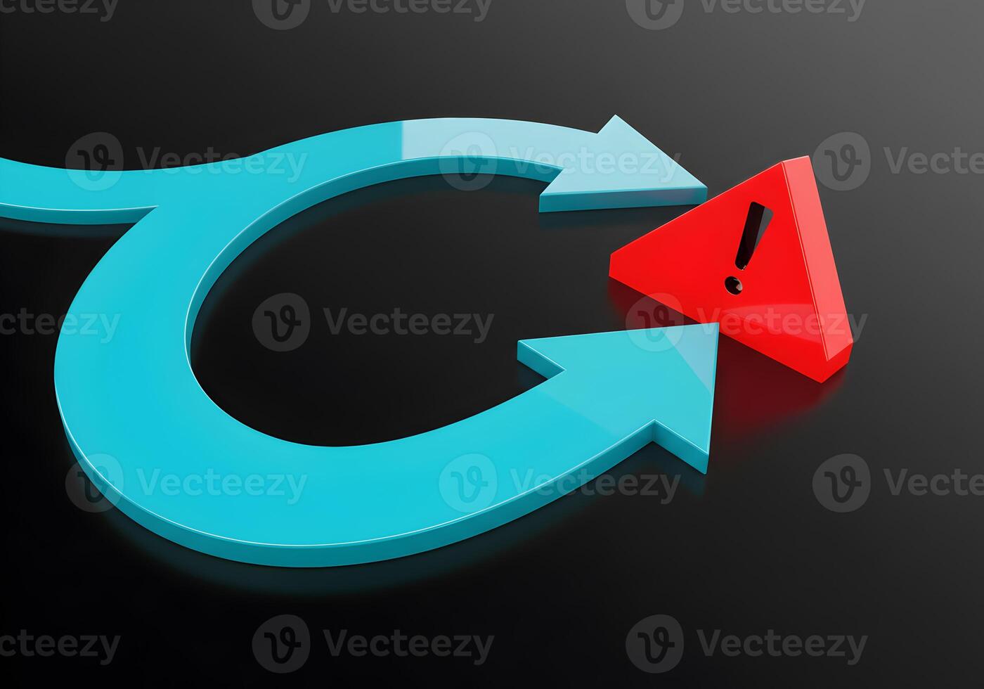 Abstract 3D rendering of a red warning triangle disrupting a cycle of blue arrows symbolizing a system failure or process interruption The image is set against a dark background creating a sense of ur photo