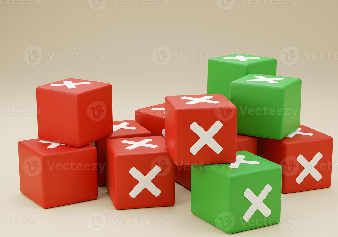 Red and green cubes with X marks signifying decision making process right and wrong choices or a business challenge concept The image depicts a pile of cubes symbolizing a complex decision with multip photo
