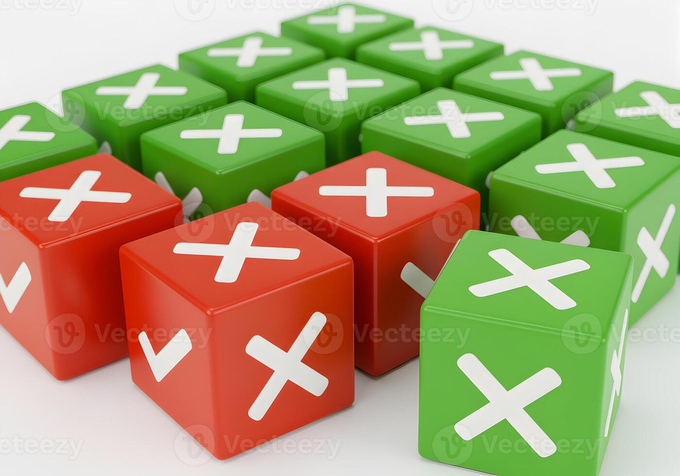 Red and green cubes with X and check marks arranged in a grid pattern representing choices decisions and the concept of right and wrong or success and failure The image is ideal for illustrating conce photo