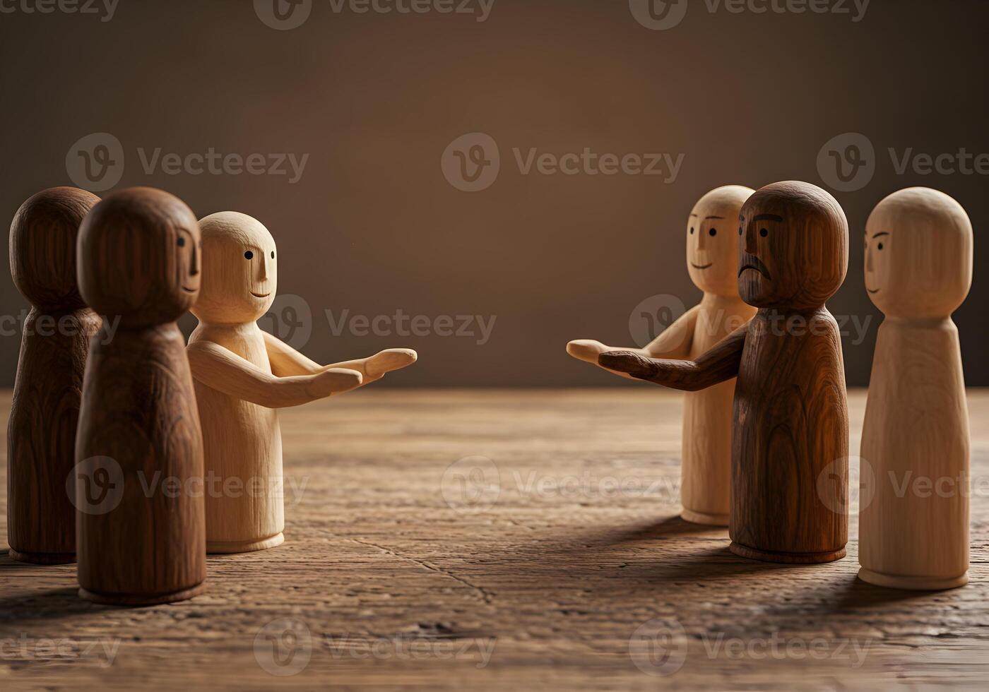 Wooden figurines extending hands in a gesture of reconciliation or agreement on a rustic wooden table symbolizing unity peace and understanding photo