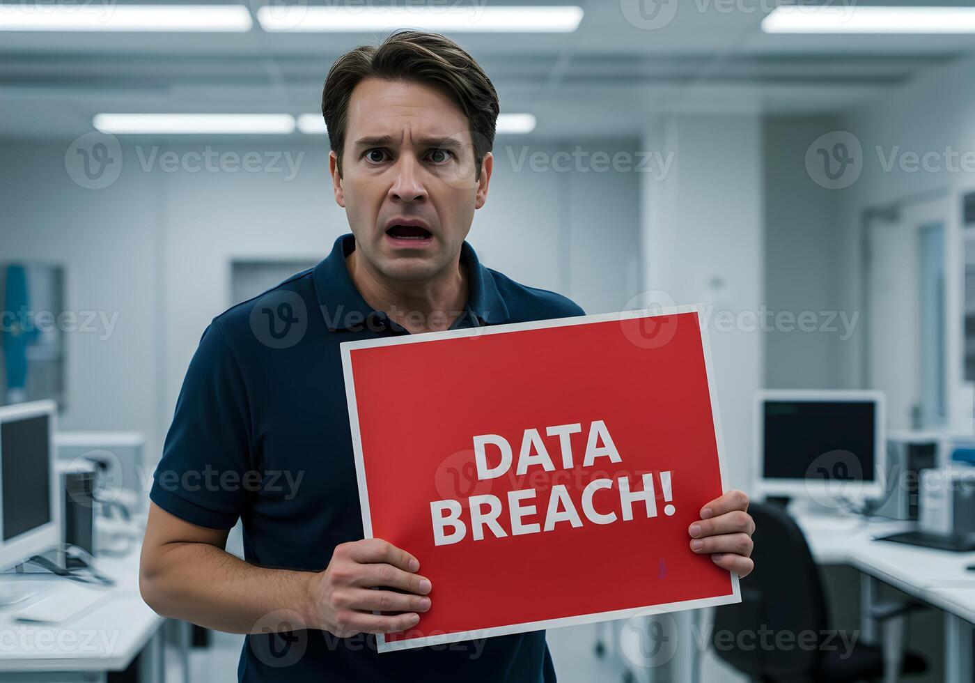 Worried man holding a sign with the text data breach in a modern office concept of data loss and cyber security problems photo