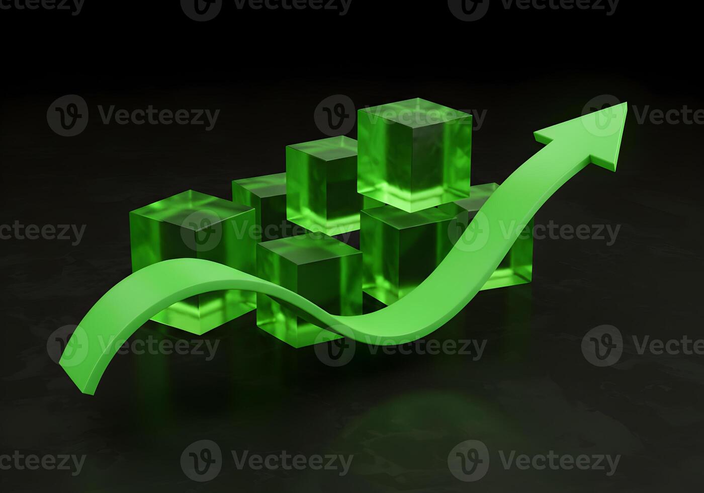 Abstract 3D rendering of green glass cubes with an upward arrow symbolizing growth success and progress on a dark background Ideal for business finance and technology concepts photo