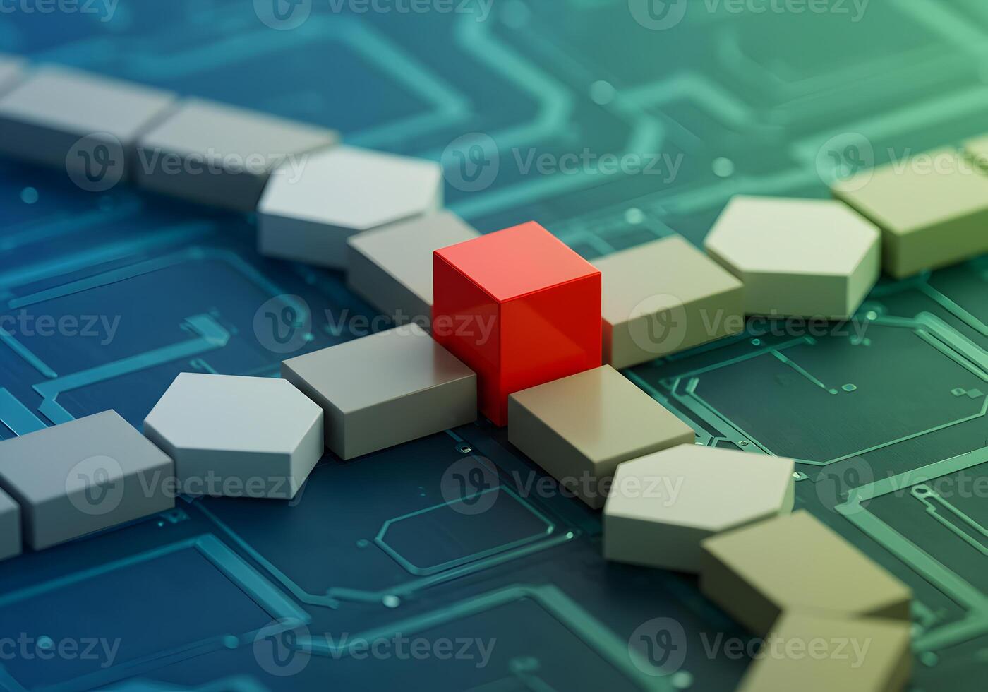 Red cube standing out among gray and white blocks on a circuit board symbolizing leadership innovation and a unique solution in a technological environment photo