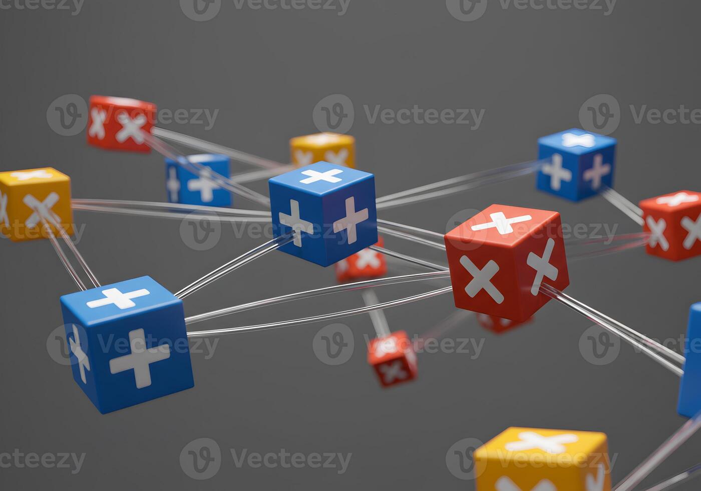 Abstract 3D rendering of interconnected cubes with plus and minus symbols representing network decisionmaking and choices in a digital environment The image symbolizes complex systems risk assessment photo