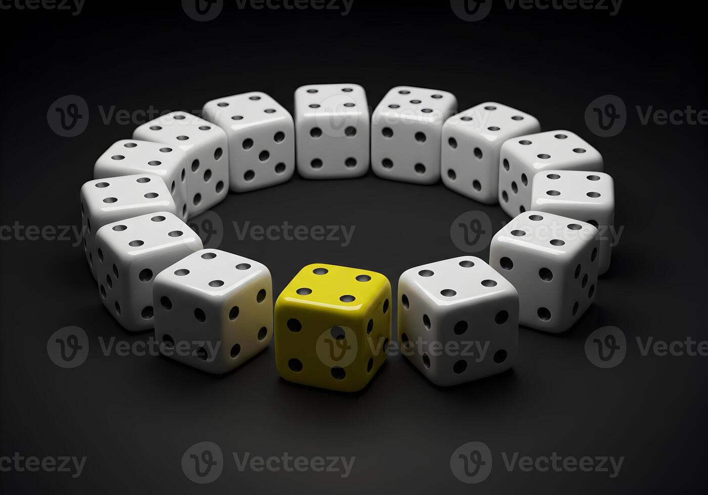 White and Yellow Dice Arranged in a Circle on a Dark Background Representing a Concept of Difference Uniqueness and Standing Out from the Crowd photo