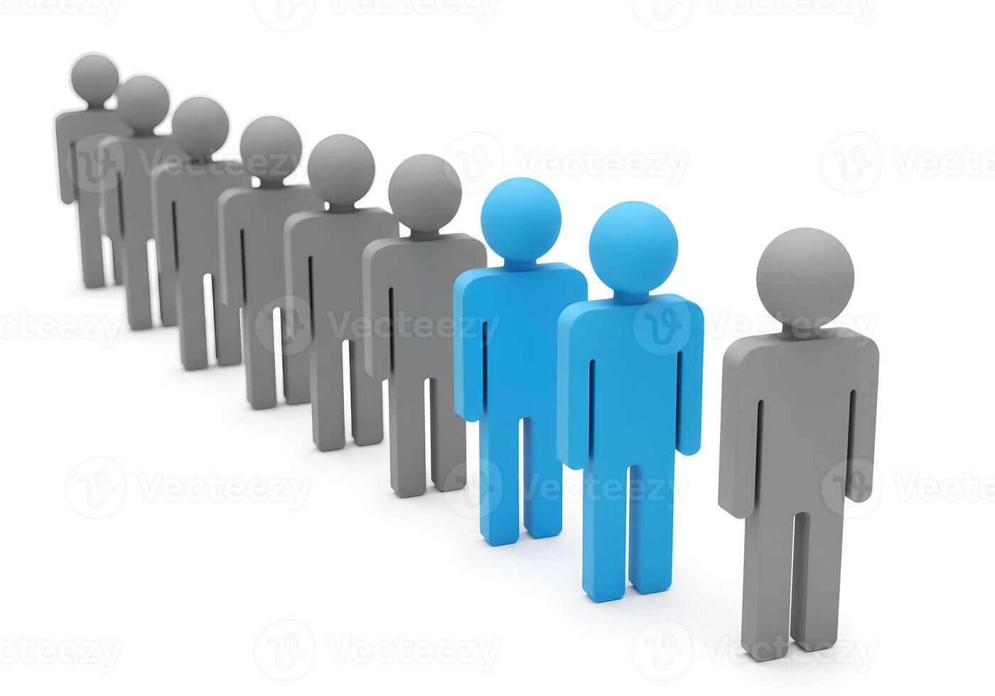 Two blue figures standing out from a queue of gray figures symbolizing individuality difference and standing out from the crowd in a business or social setting This image represents concepts of leader photo