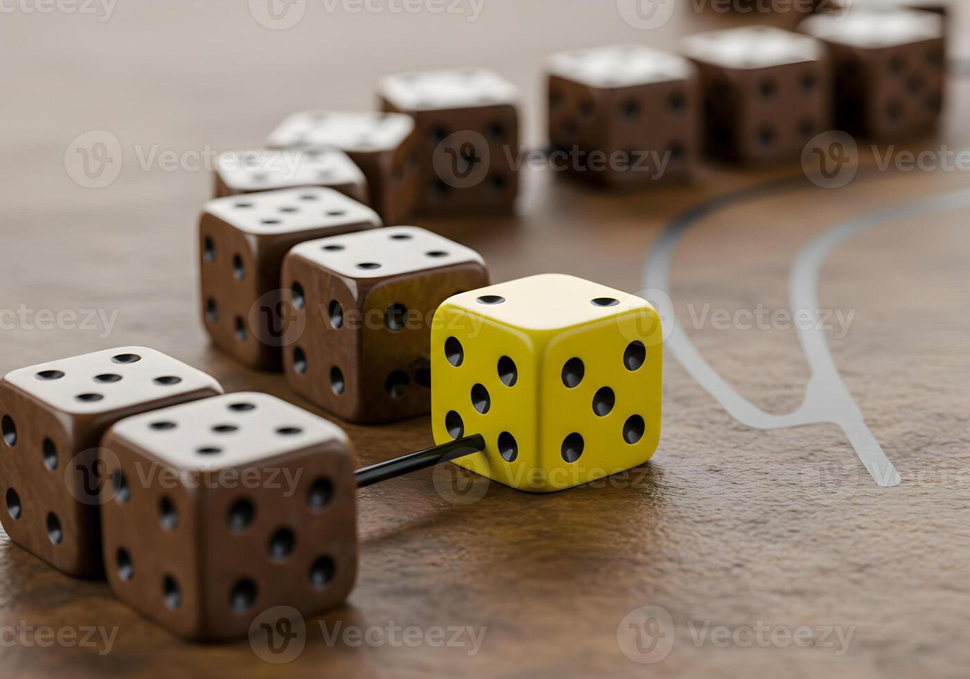 Yellow die connected to brown dices on wooden table illustrating a concept of standing out from the crowd and taking a different path showing uniqueness and innovation photo