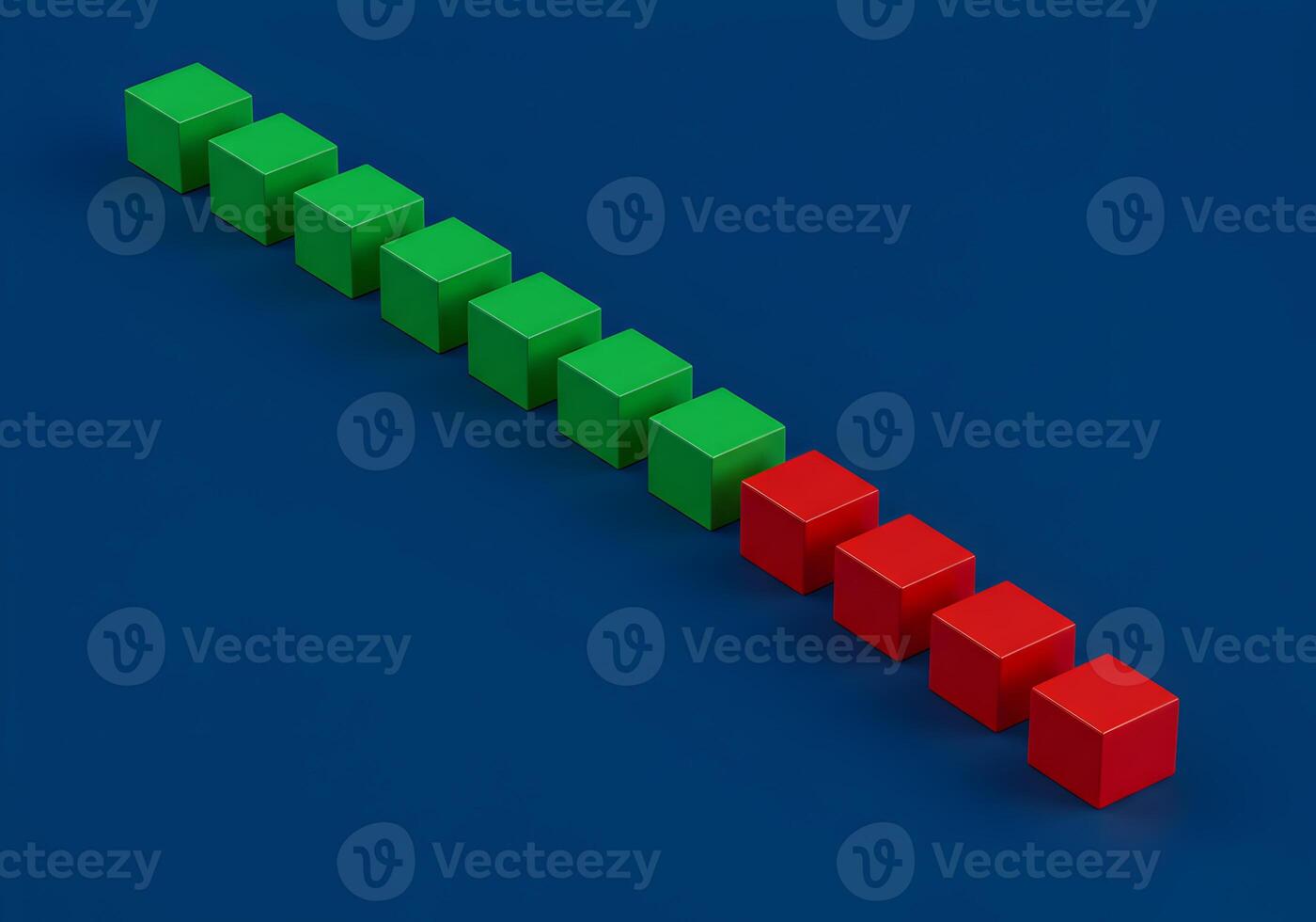 Green and red cubes arranged in a row on a blue background symbolizing a shift or change in progress representing concepts of transition contrast and process The image is ideal for illustrating busine photo