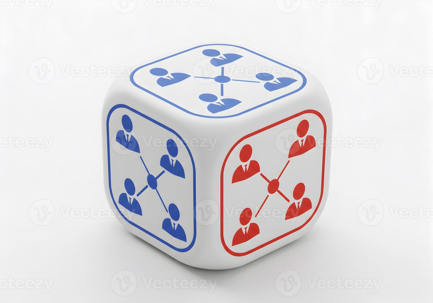 Network connection concept White cube with blue and red icons representing a business network symbolizing teamwork collaboration and communication in a modern business setting photo