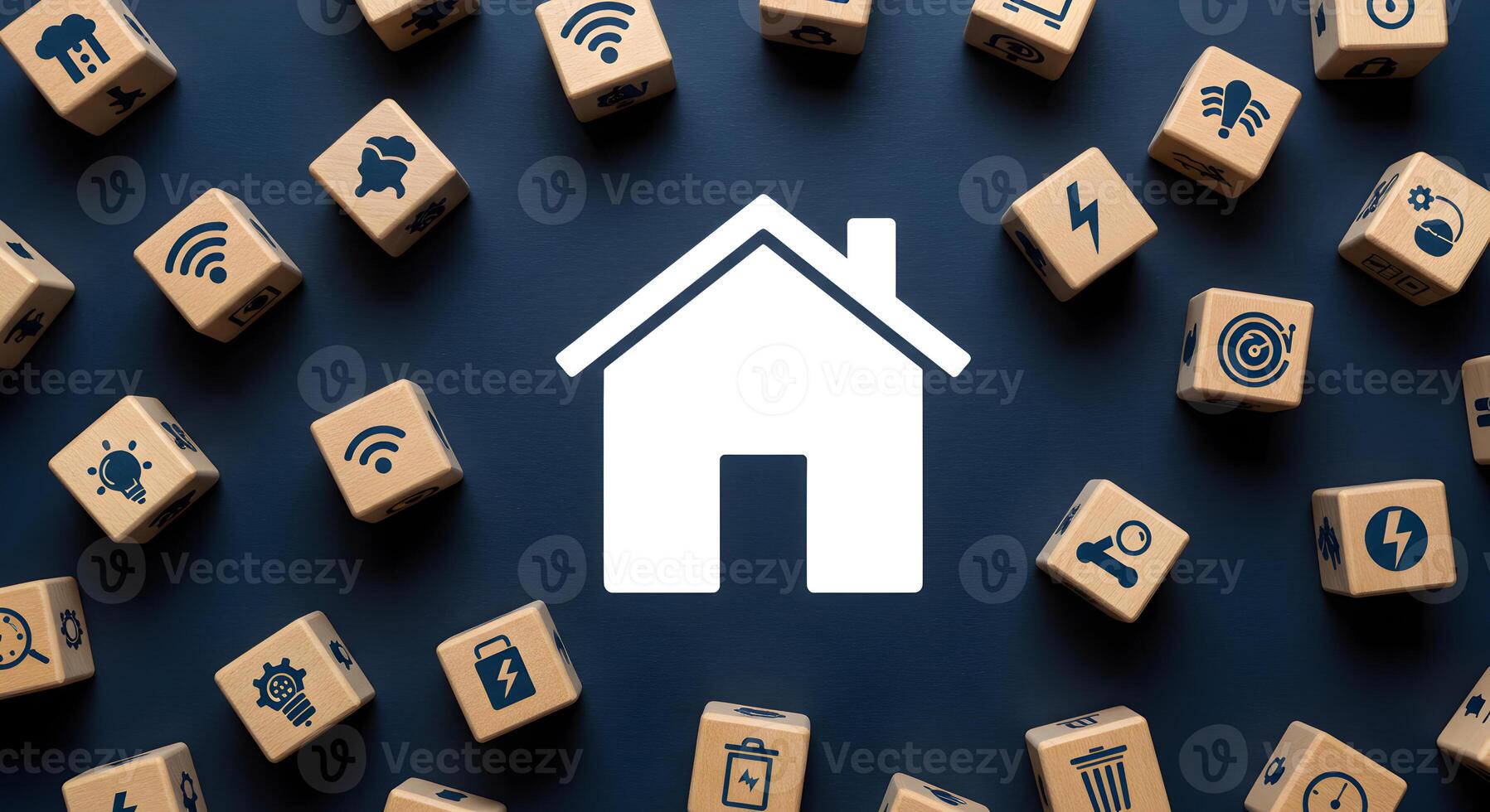 Smart Home Technology and Automation Wooden Blocks with Icons Representing Home Automation and IoT Devices on a Dark Blue Background photo