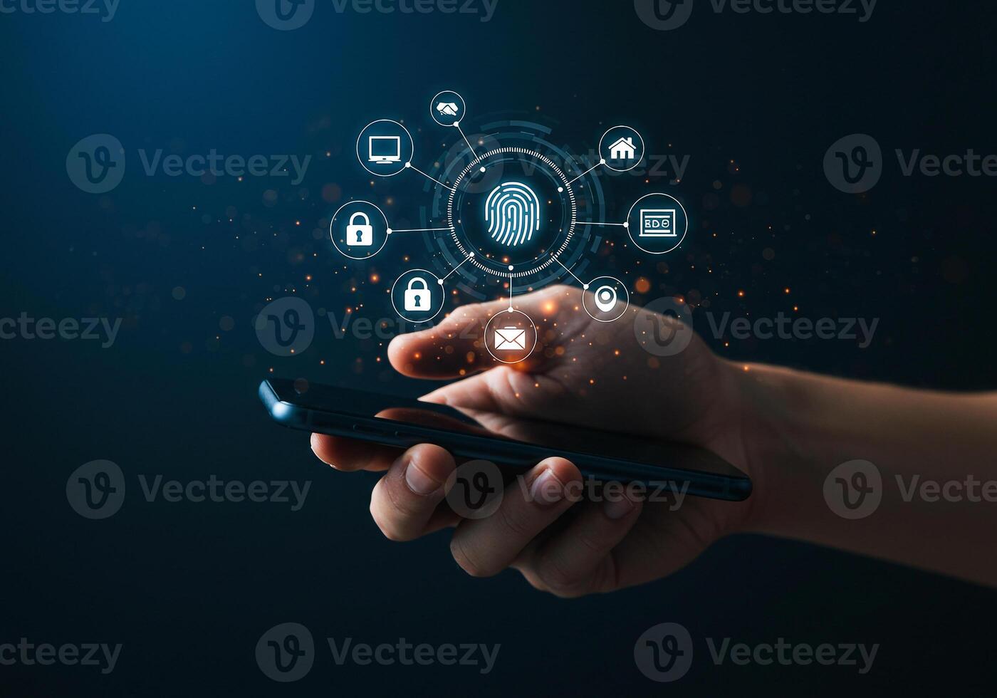 Hand using fingerprint scanner for mobile phone security and access to digital data showcasing secure online banking messaging and home automation via smartphone app in dark blue background photo