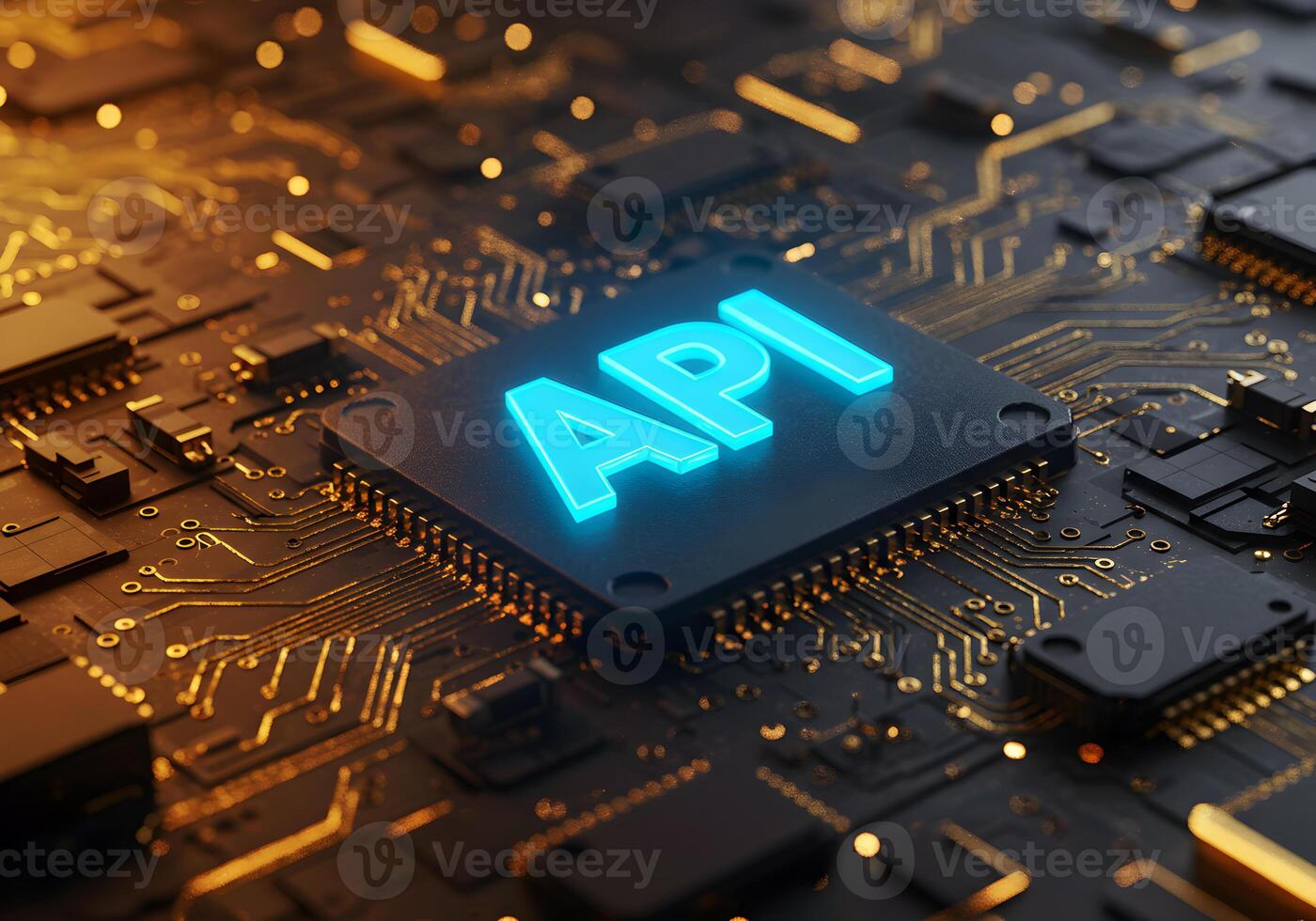 Glowing API Text on a Circuit Board Representing Digital Technology and Software Development Highlighting Innovation and Modern Computing photo