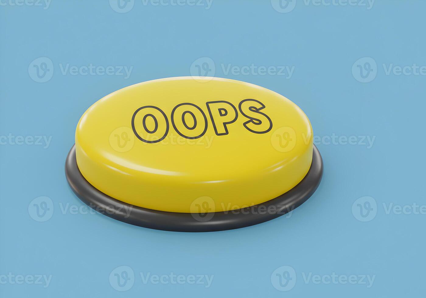 Yellow Oops Button on Blue Background A 3D Render of a Big Round Push Button with the Word Oops Representing Mistakes Errors and Apologies photo