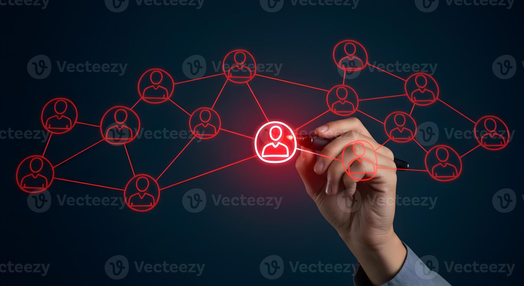 Hand drawing red network of people icons on dark blue background symbolizing social connection networking and global communication in business and technology photo