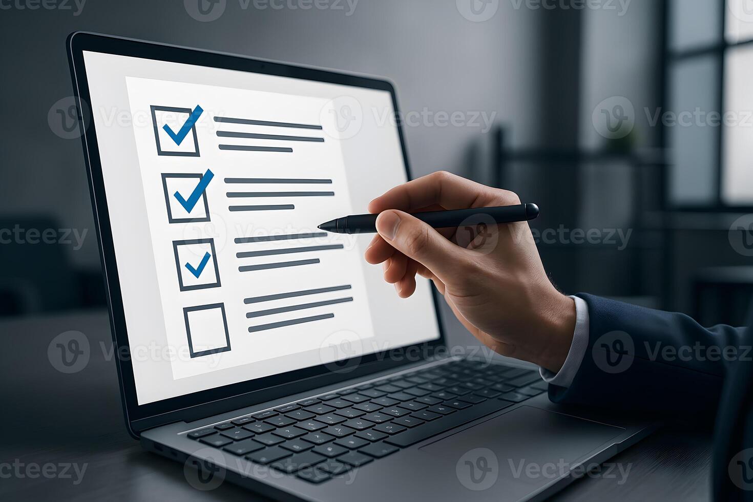 Businessperson using stylus on laptop to check items on a checklist completing tasks in a modern office setting signifying productivity and efficiency photo