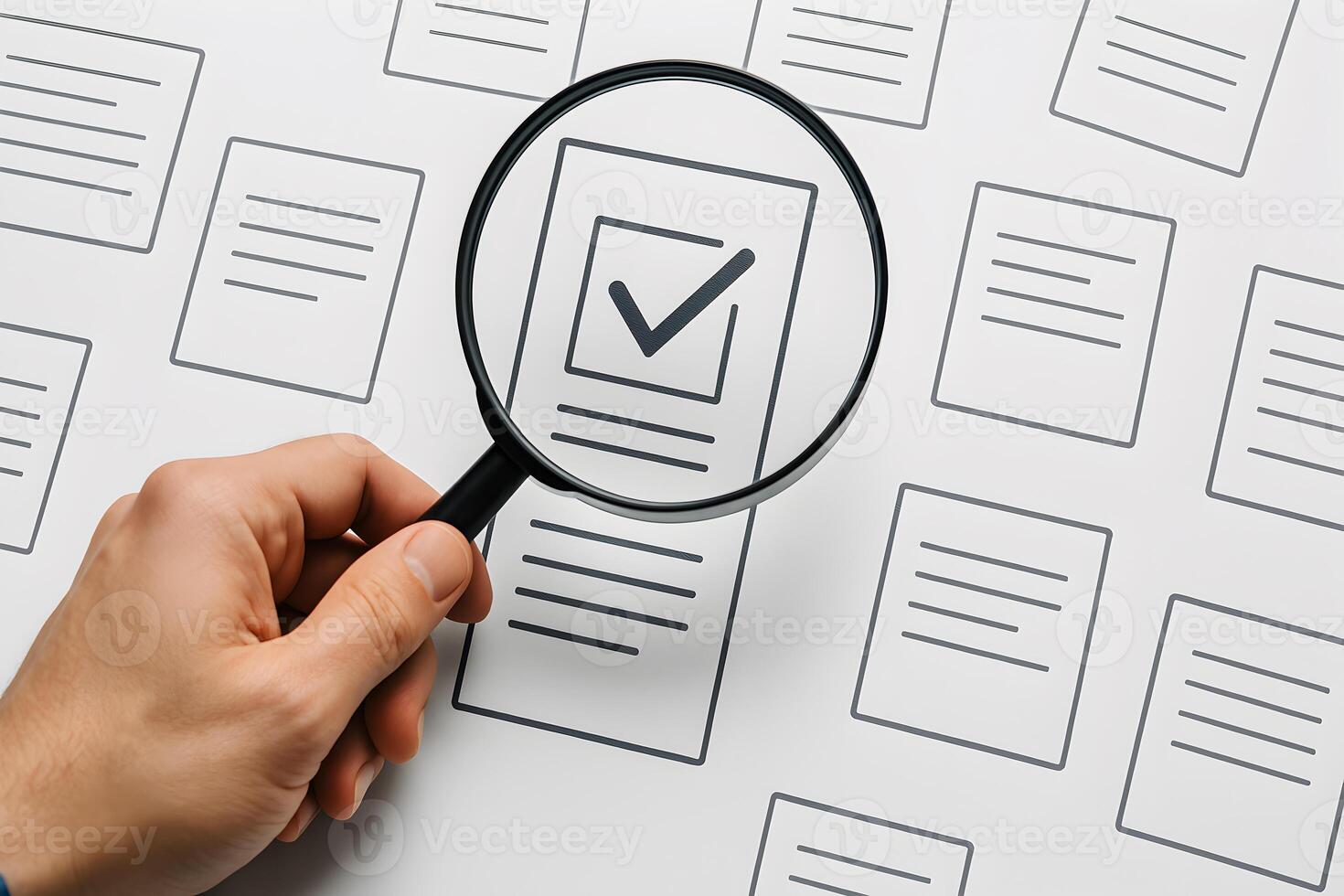 Hand holding magnifying glass focusing on a checklist document among many other papers on a white table Concept of verification accuracy and attention to detail in business and workflow processes photo