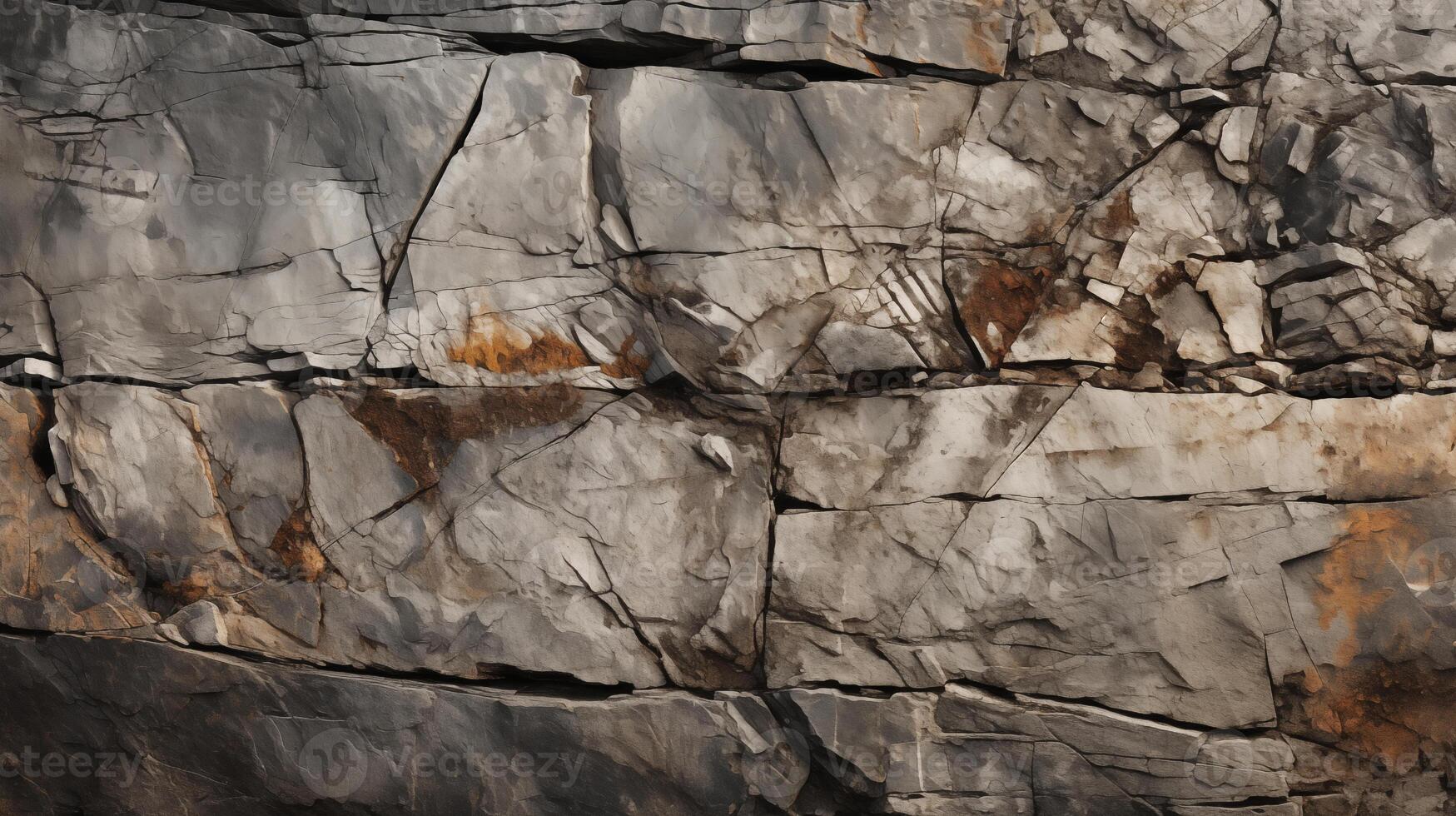 Detailed Closeup of a Rugged Gray and Brown Rock Face Texture Showing Natural Cracks and Weathered Surface Ideal for Backgrounds and Design Projects Highresolution image showcasing the intricate detai photo