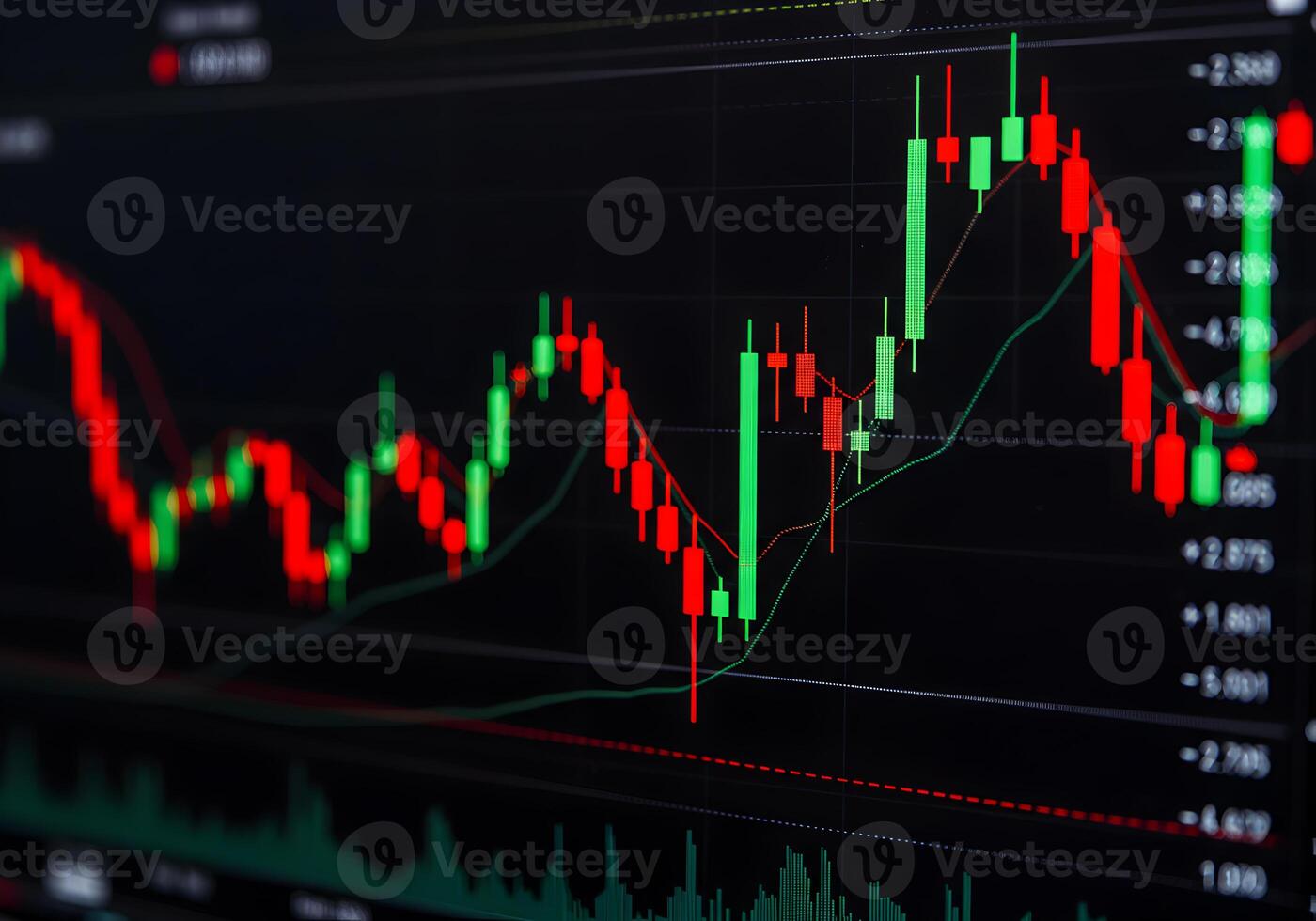 Closeup of dynamic candlestick chart on a computer screen showing fluctuating financial data and market trends symbolizing volatility and investment risk in the global economy photo