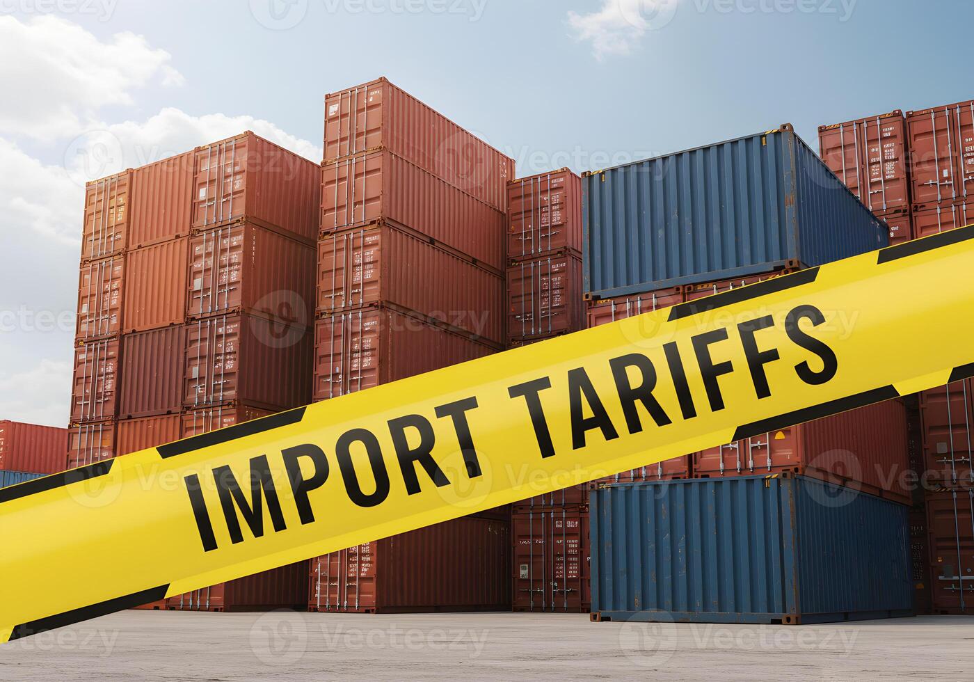 Shipping containers stacked in a port with a caution tape reading Import Tariffs across them signifying trade barriers and global commerce photo