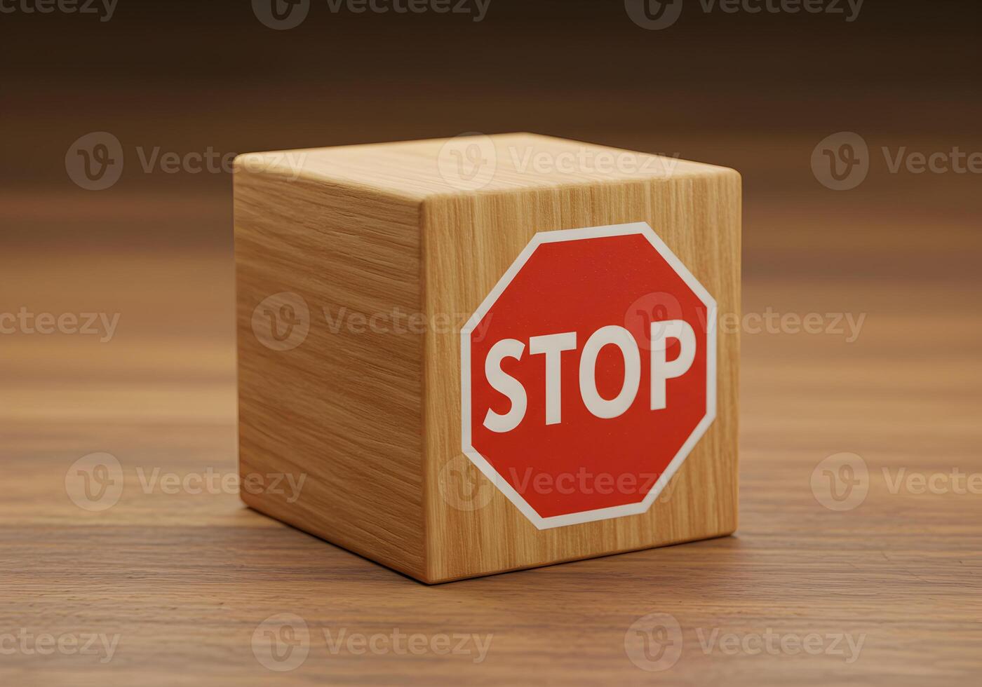 Red stop sign on a wooden cube on a wooden surface a concept of pause halt or prevention The image is ideal for illustrating concepts related to decisionmaking risk management or taking a break photo