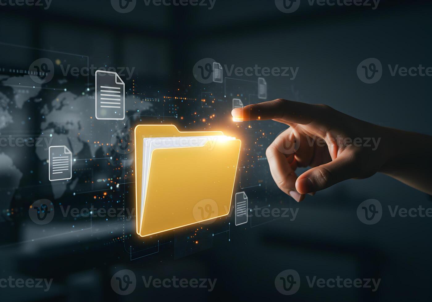 Hand reaching out to select a digital folder containing documents symbolizing data management and global connectivity in a futuristic technological setting photo
