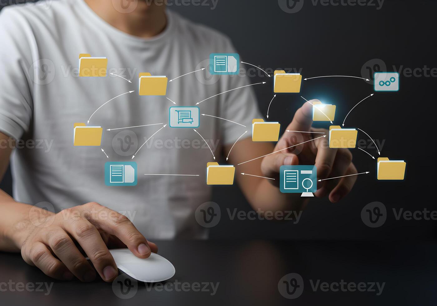 Person managing digital files and data online using a computer mouse and interacting with a network of folders and documents in a virtual workspace The concept represents efficient data management and photo