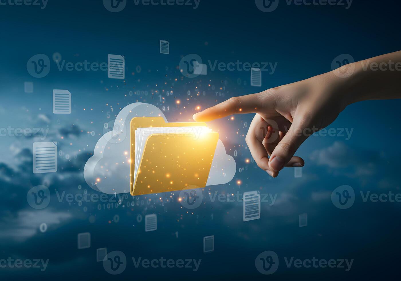 Hand reaching out to select a digital folder in a cloud storage network symbolizing data access security and the concept of remote work photo