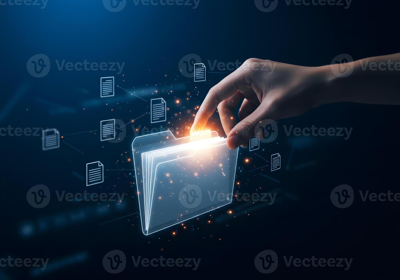 Hand Reaching for a Glowing Digital File Folder in a Network of Documents Concept of Data Management Cloud Computing and Secure Information Access photo