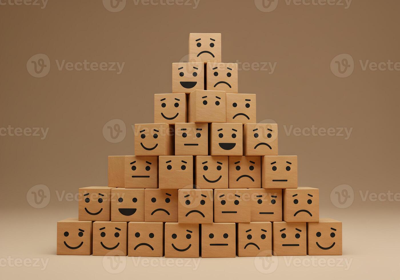 Cardboard boxes with happy and sad faces arranged in a pyramid shape on a neutral background illustrating the complexity of human emotions and the balance between positive and negative feelings photo
