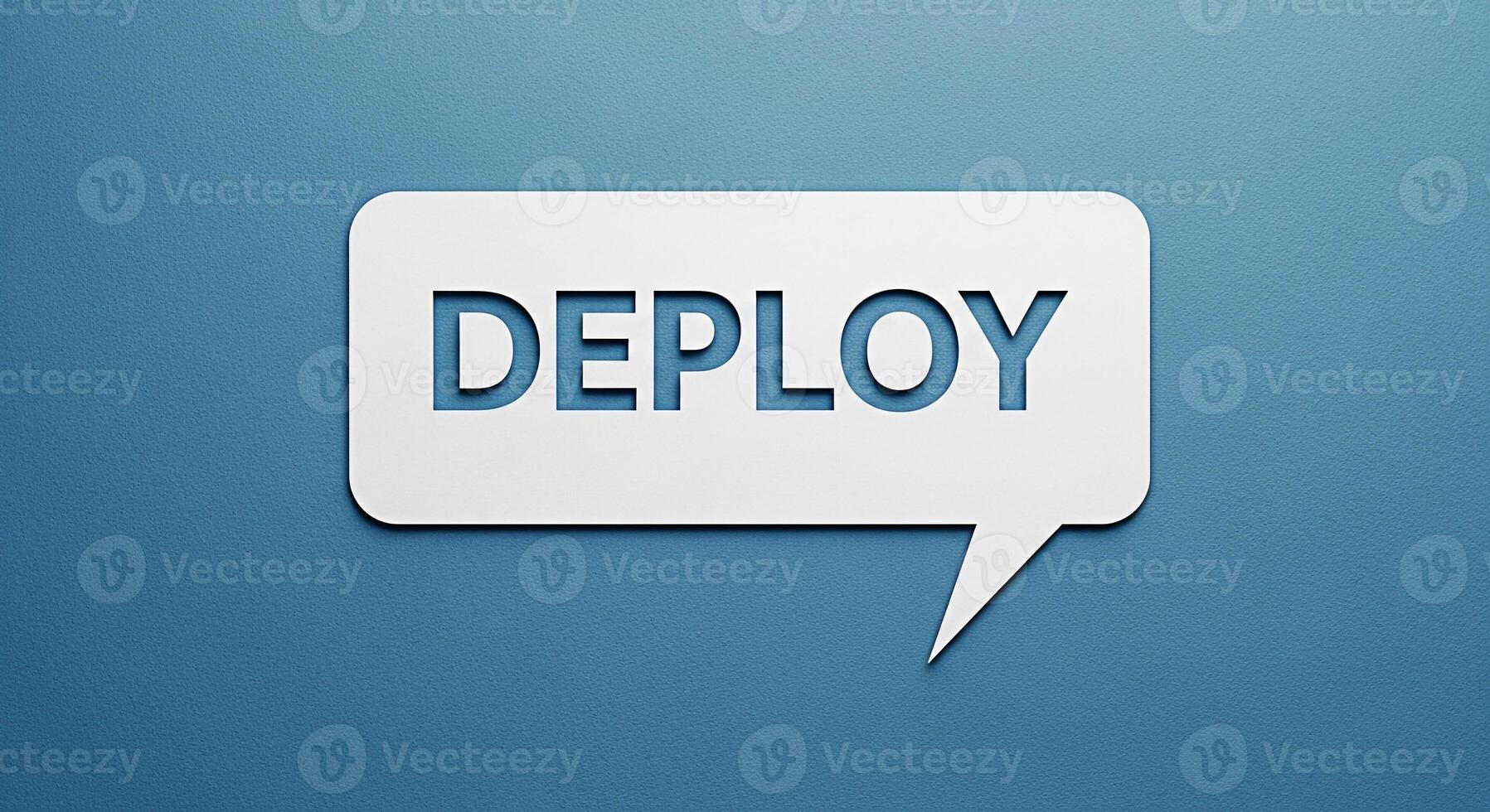 Deploy text in a speech bubble against a blue background representing software development and technology photo