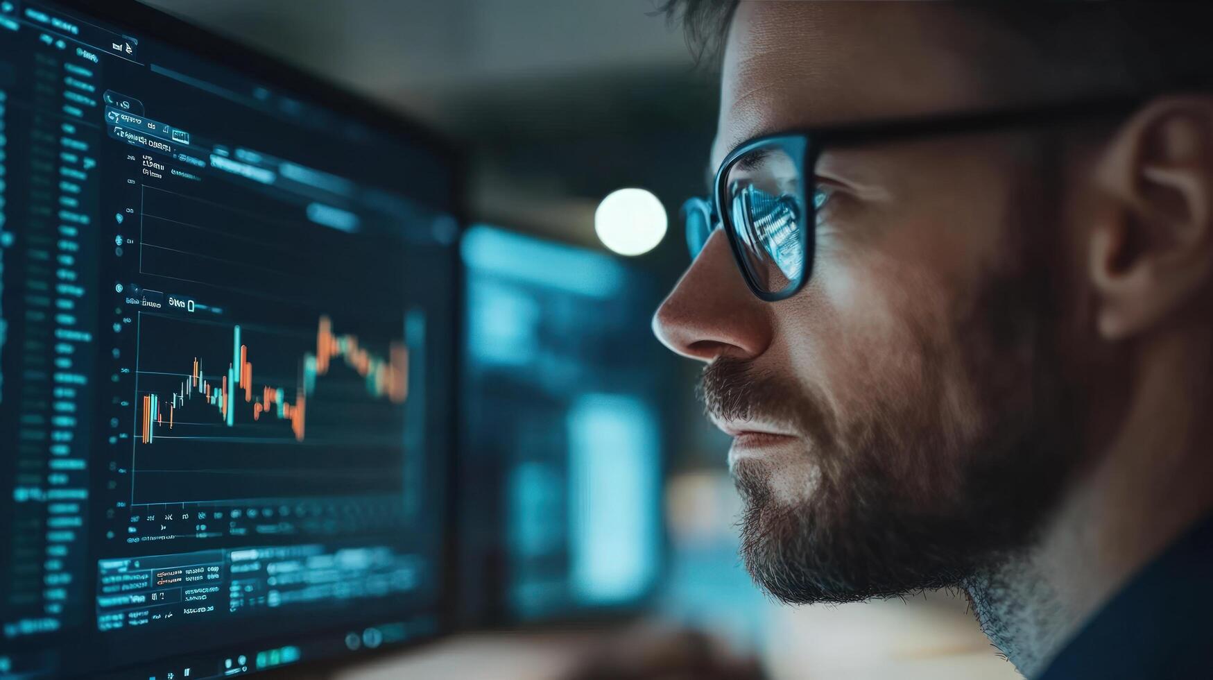 Man analyzing financial data stock market charts on computer screen photo