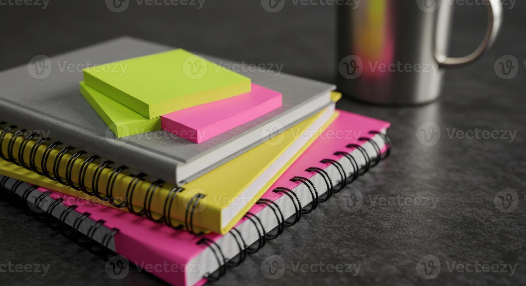 Stack of colorful notebooks with sticky notes and a mug photo