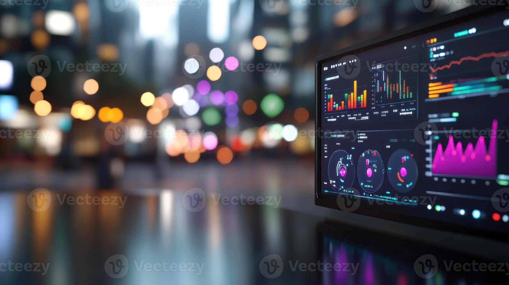 Data analysis on screen displaying charts and graphs with abstract cityscape background photo