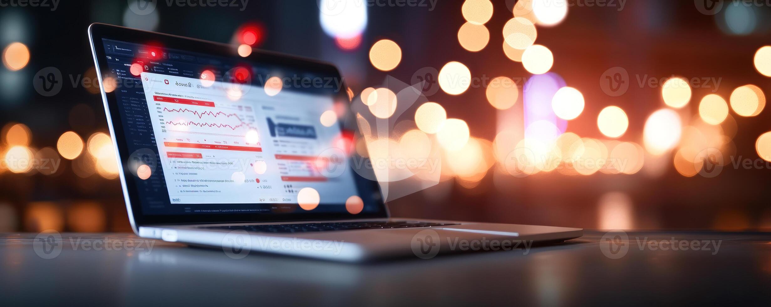 Laptop showing data charts with abstract bokeh background photo