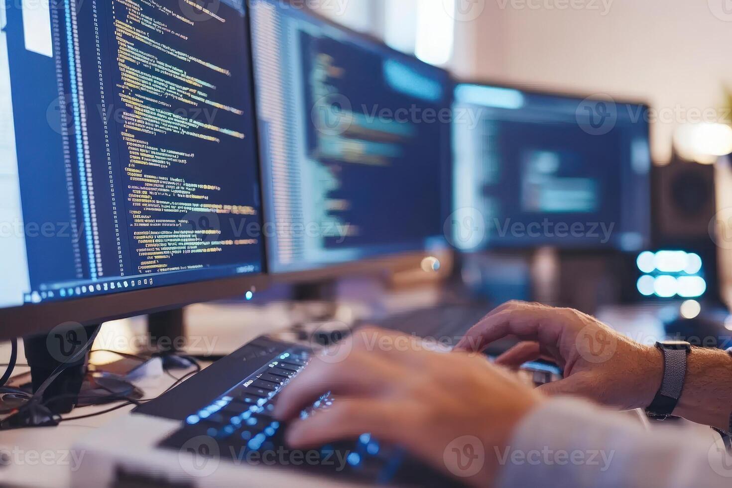 Coding on multiple computer screens programmer typing code photo