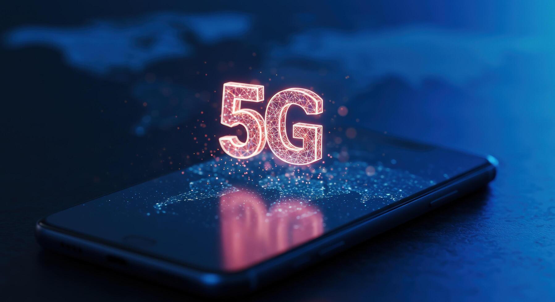 5 g network technology on smartphone display with abstract world map photo