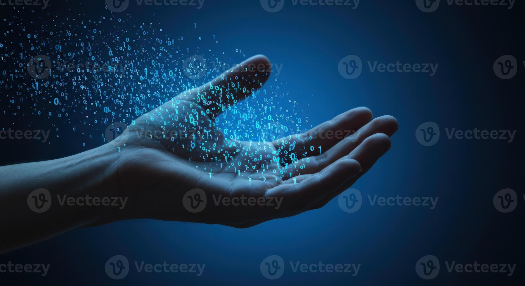 Hand holding digital data binary stream technology concept photo