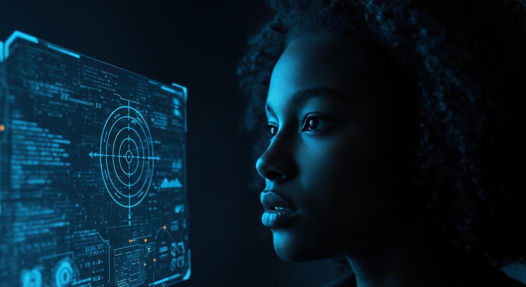 Woman analyzing digital interface displaying target and data photo