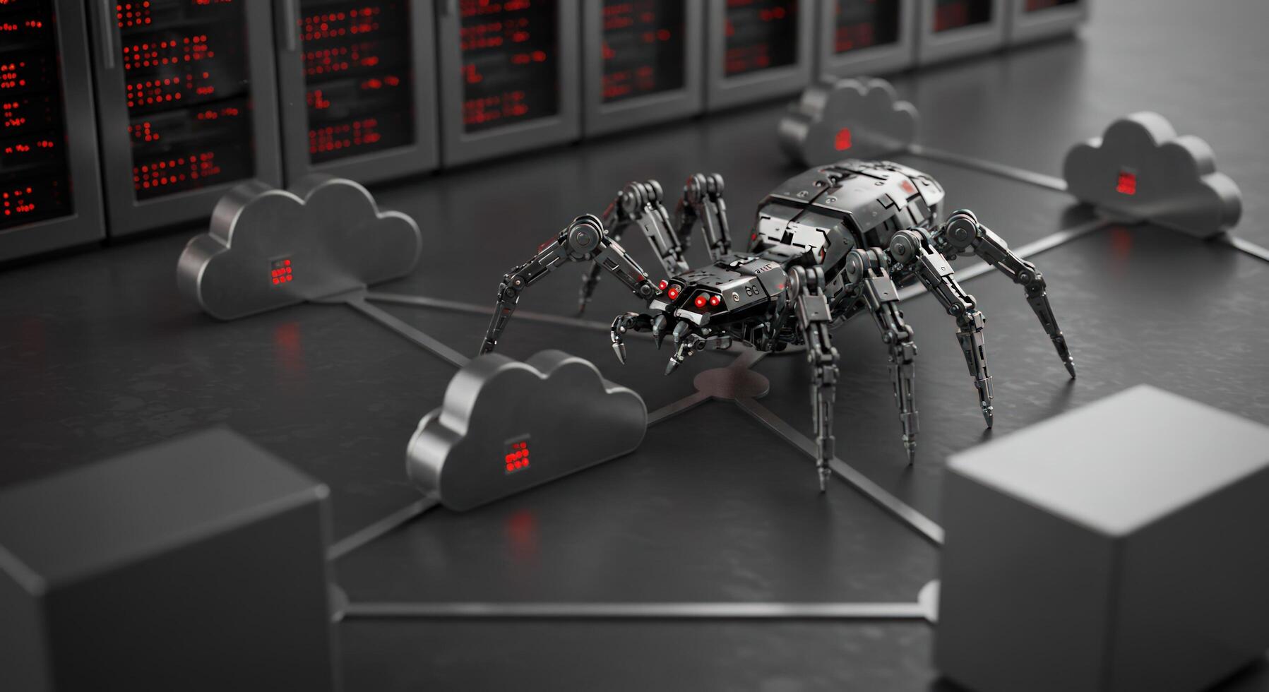 Cybersecurity threat robotic spider crawling data network servers cloud computing photo